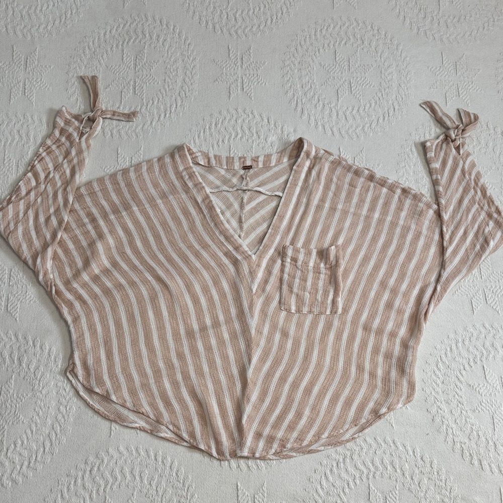Free People Beige Striped Blouse. Linen like sheer. Beautiful. 23” pit to pit